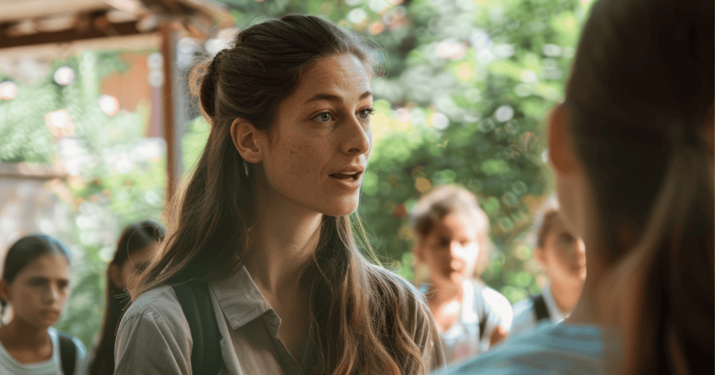 A woman with a calm expression speaks directly to someone off-camera while standing in a busy outdoor area, demonstrating the power of choosing exactly where to place one's attention.