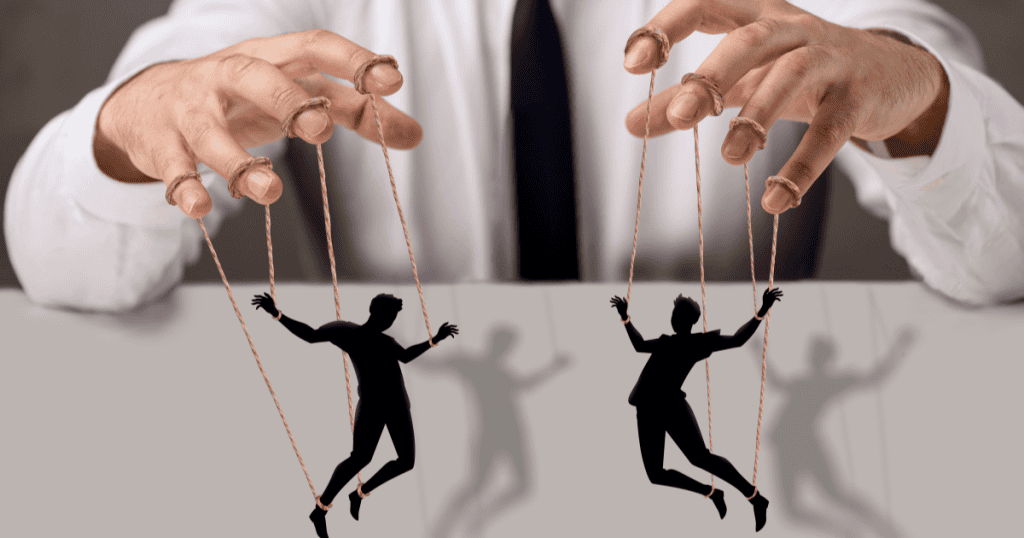 A pair of hands in a white dress shirt controls the strings of two human silhouettes, illustrating a dynamic where one person’s movements are merely an extension of another's will.