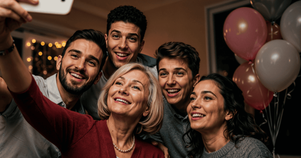 A smiling family gathers for a selfie, reflecting the emotional pressure and hidden tension that can exist during toxic family gatherings.