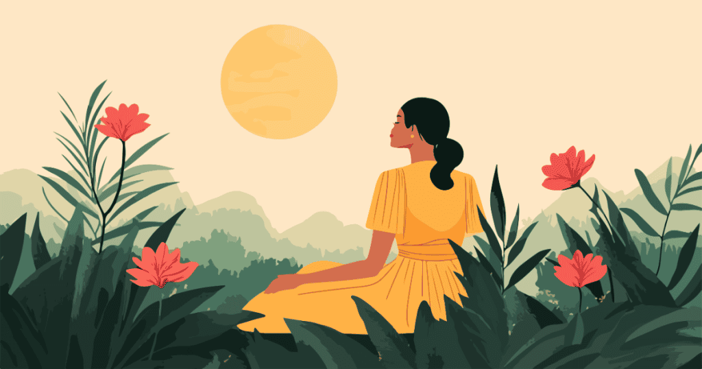 A woman in a yellow dress sits peacefully amidst lush greenery and red flowers under a soft sun, representing the internal quietude necessary to finally begin the journey toward healing.