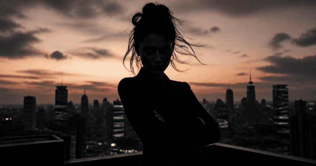A silhouette of a woman with her arms crossed stands against a dramatic cityscape at dusk, symbolizing an internal shift toward sharp perception over defensive force.