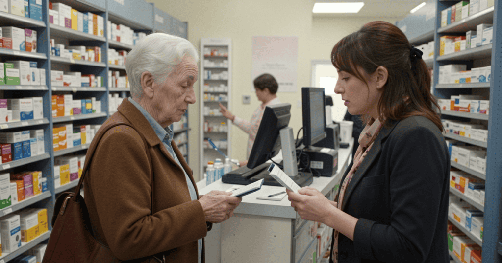 An older woman and a younger pharmacy employee review medication packaging together in a structured store aisle, illustrating a quiet, methodical onboarding into a specific way of seeing things.