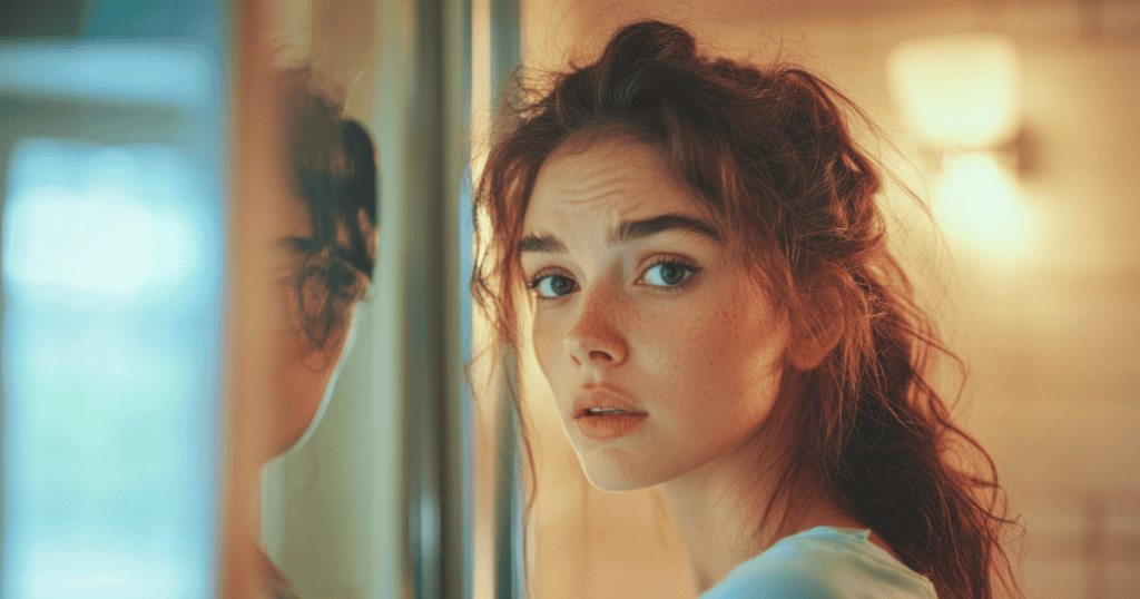 A woman gazes into a mirror with a weary expression, capturing the quiet internal struggle of someone beginning to question their own reflection.