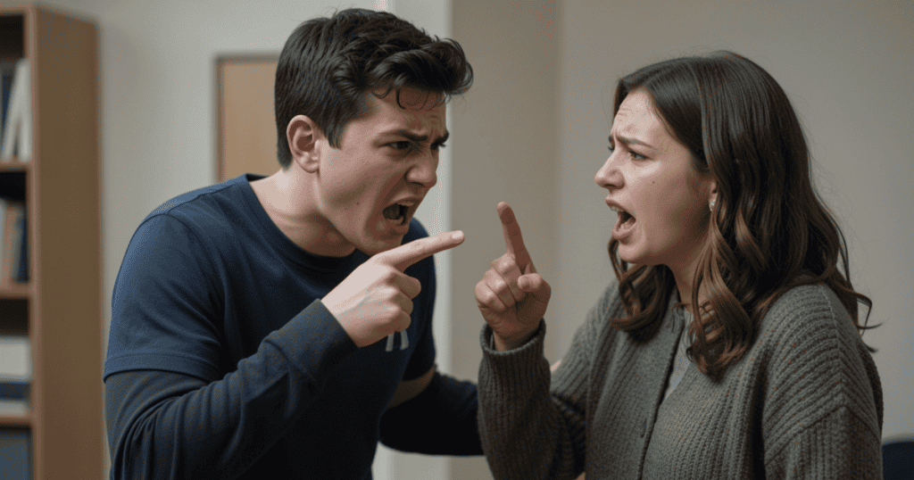 A young man and a young woman shout intensely at each other while pointing fingers, capturing a raw, chaotic moment where emotional distress is directly taken on and mirrored.