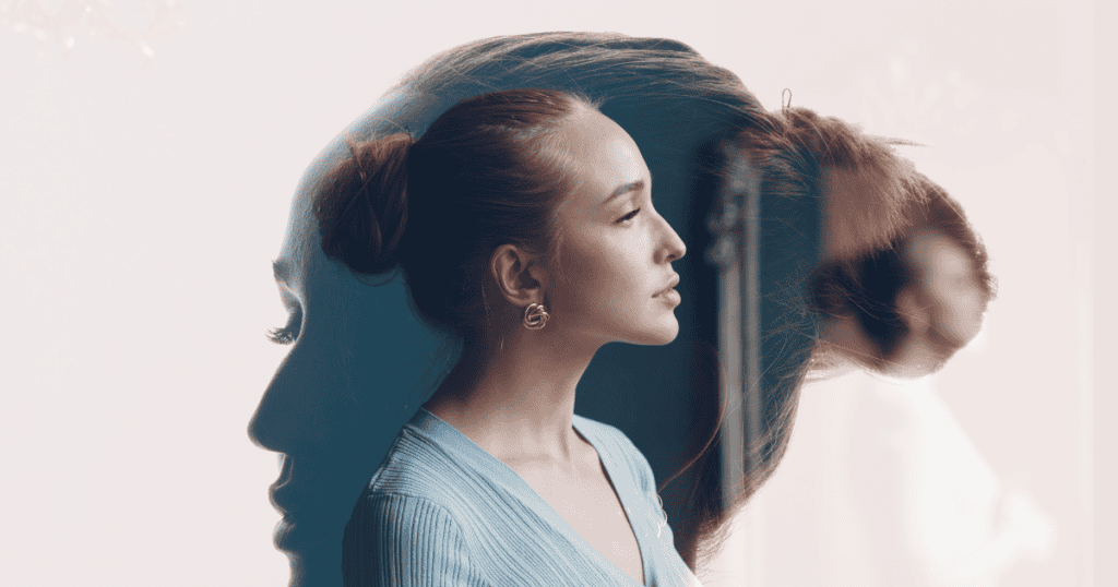 A side profile of a woman’s face is superimposed over a larger, shadowy silhouette, reflecting the process of aligning one's internal identity with a newfound sense of outer calm.