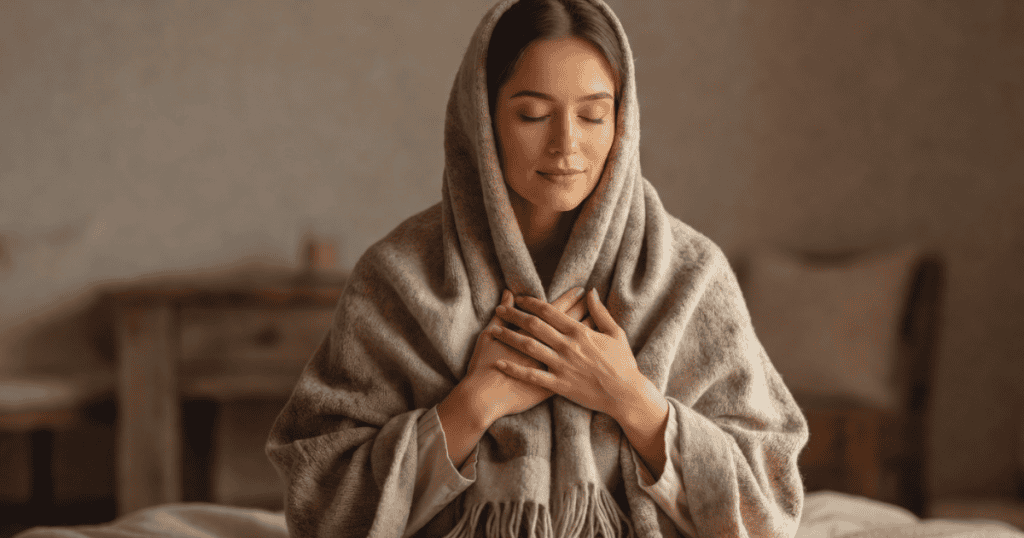 Woman with a warm scarf, eyes closed, practicing mindfulness in a peaceful indoor setting.