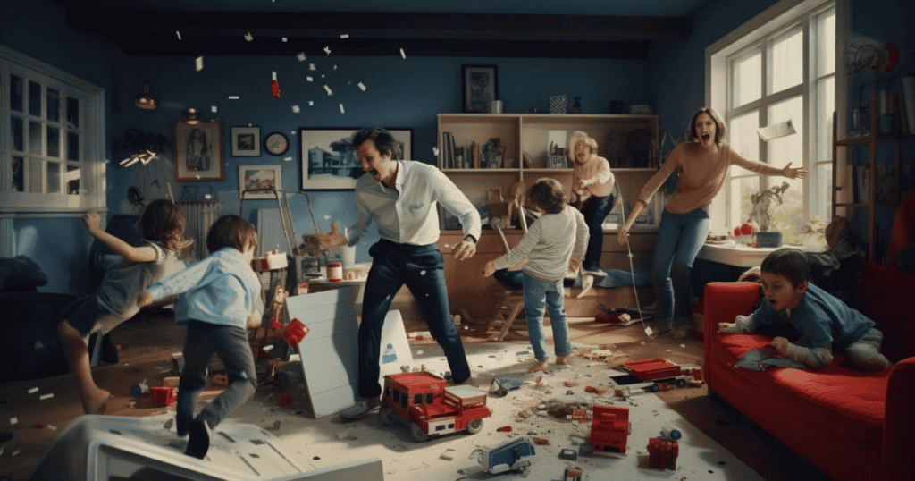 A chaotic living room is filled with people shouting and debris flying through the air, revealing the explosive emotional history that often erupts from seemingly simple social events.