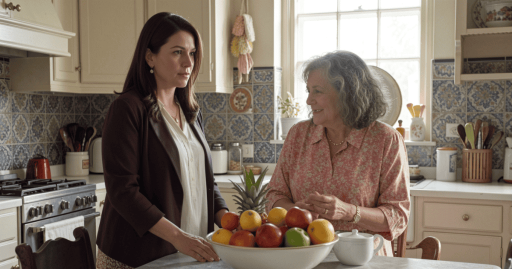 A younger woman looks evenly at an older woman next to a large bowl of fresh fruit in a kitchen, portraying a grounded, neutral observation that simply reflects what is present.