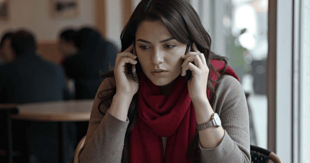 A woman in a red scarf sits in a cafe holding two smartphones to her ears with a deeply focused expression, capturing the careful pause needed to process conflicting narratives.