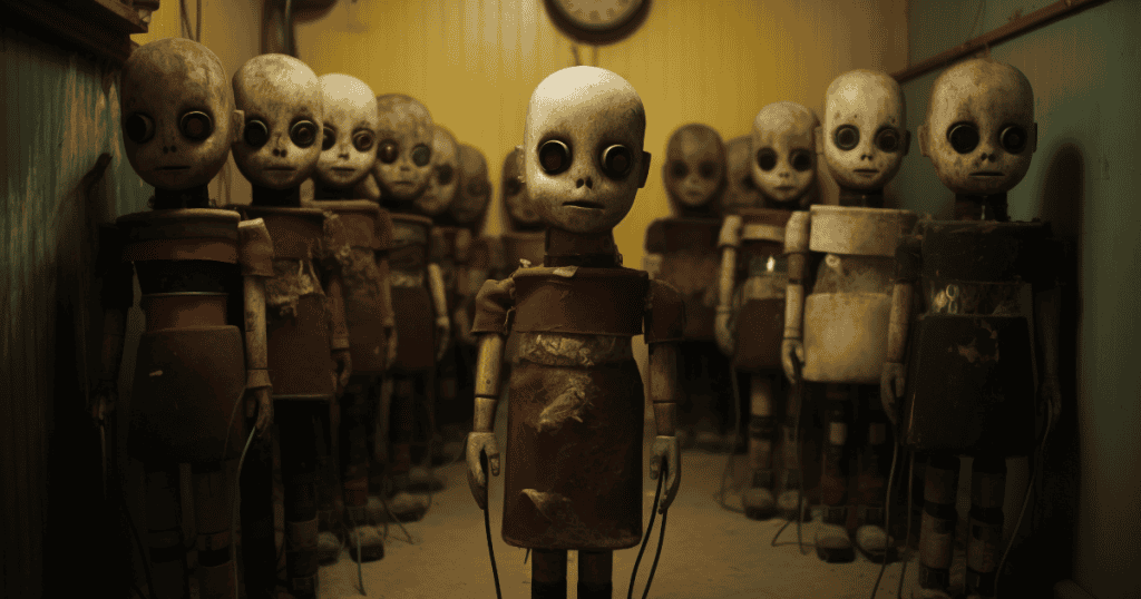 A group of weathered, doll-like figures stand in a dimly lit hallway, representing the rigid, haunting echoes of a past that outgrown systems cannot fully contain.