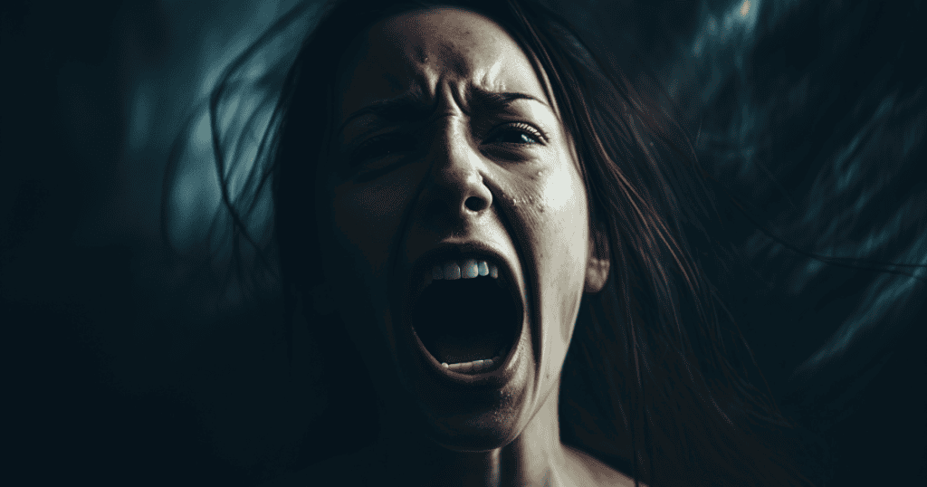 A woman releases a visceral, wide-mouthed scream in the dark, giving form to a pressurized pain that resides deep within the body.
