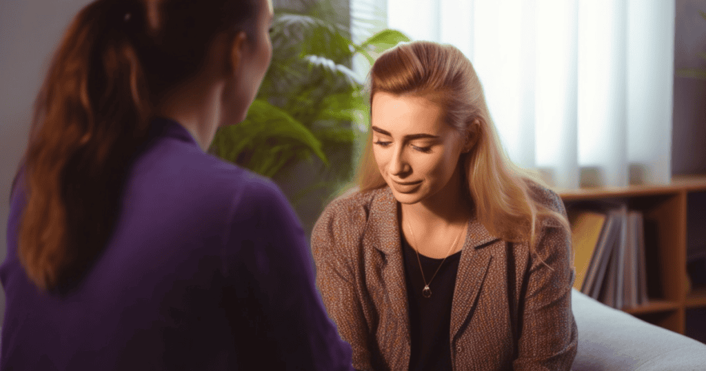 A woman listens intently to another while leaning forward, illustrating a steady patience that remains limited by the singular perspective of the room.