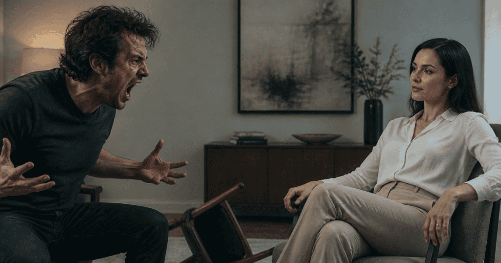 A man rages and shouts violently next to a tipped-over chair while a woman sits perfectly still across from him with a calm, unmoved expression, illustrating the total breakdown of an aggressive strategy when met with absolute composure.