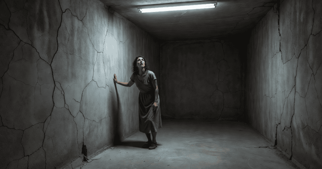 A woman stands under a solitary, harsh light inside a dark, heavily cracked concrete room while touching the wall, depicting the exhausting confinement of trying to mend a fundamentally broken space.