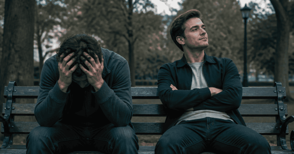 Two men sit on a park bench where one buries his face in his hands in deep distress while the other looks away indifferently, contrasting raw emotional suffering with a cold refusal to connect.