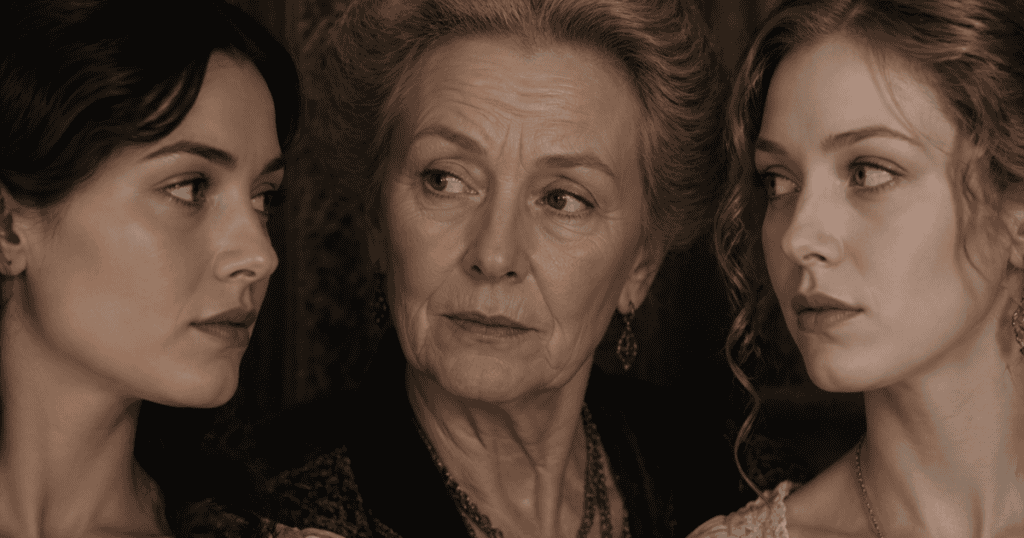 An older woman stands between two younger women while casting a calculating look toward one of them, illustrating the uncomfortable dynamic of triangulation.