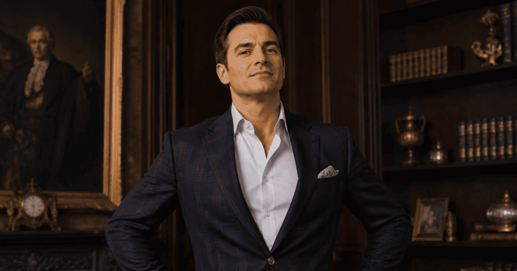 A confident man in a tailored plaid suit stands with his hands on his hips in a classic library setting, embodying an aura of narcissistic entitlement.