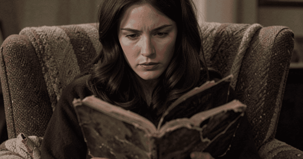 A focused woman sits in a patterned armchair while intently reading an old, worn book, reflecting the validation found when discovering the 24 narcissism terms that finally give a name to what was done to you.