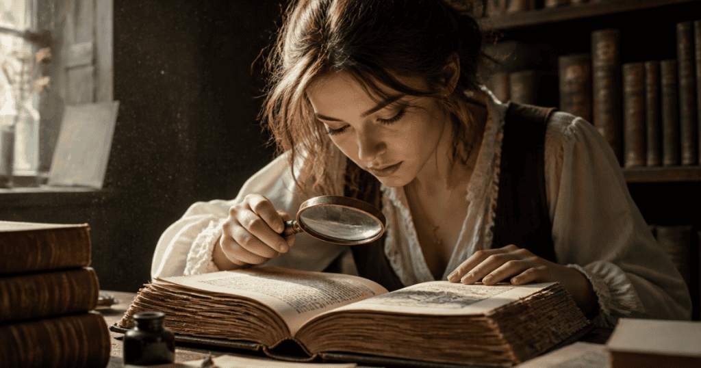 A young woman uses a magnifying glass to carefully study a large, open antique book in a dimly lit library, representing the diligent search for the 24 terms every narcissistic abuse survivor needs to know.