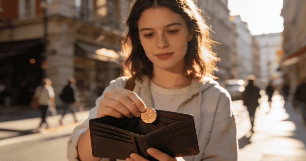 A young woman stands on a sunlit city street carefully checking her wallet and holding up a single coin, capturing a vulnerable moment of financial constraint when a manufactured emergency requires you to hand over cash.