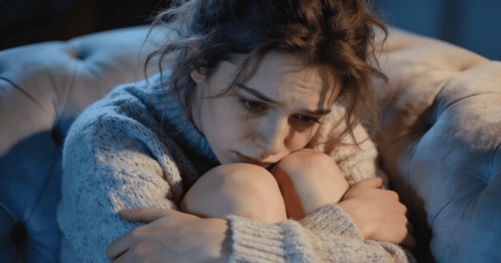 A young woman sits curled up in a large armchair with a deeply sad and downcast expression, capturing a heavy feeling of isolating emotional exhaustion as if you were trained to carry what wasn’t yours.