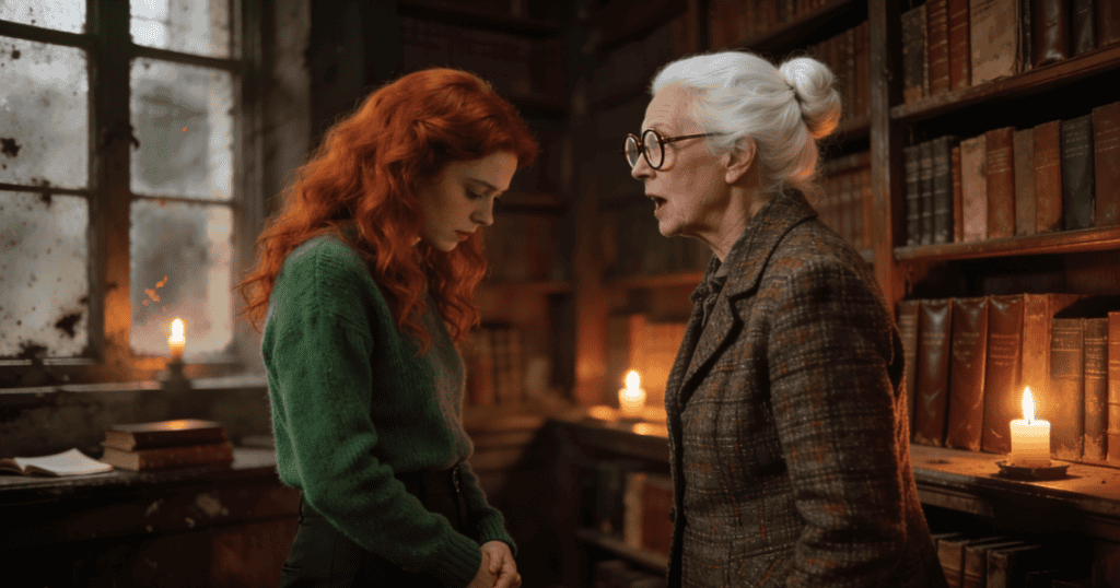 An older woman sharply lectures a downcast young woman in a dimly lit library, revealing the toxic friction that happens when a guardian chooses to rival rather than root for their own family.