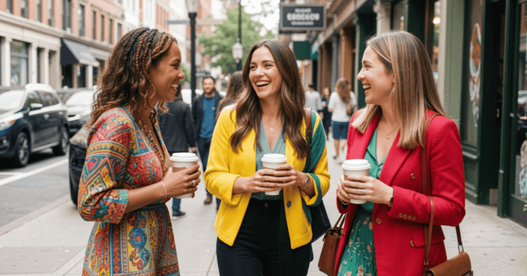 Three smiling women walk down a busy city street while holding coffee cups, capturing a scene where everything looks entirely normal from the outside.