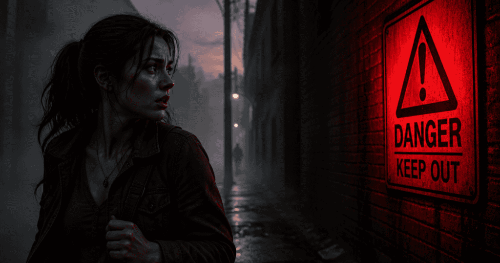 A worried woman looks back anxiously over her shoulder on a dark street next to a glowing red warning sign, illustrating how they train you to read danger before it speaks.