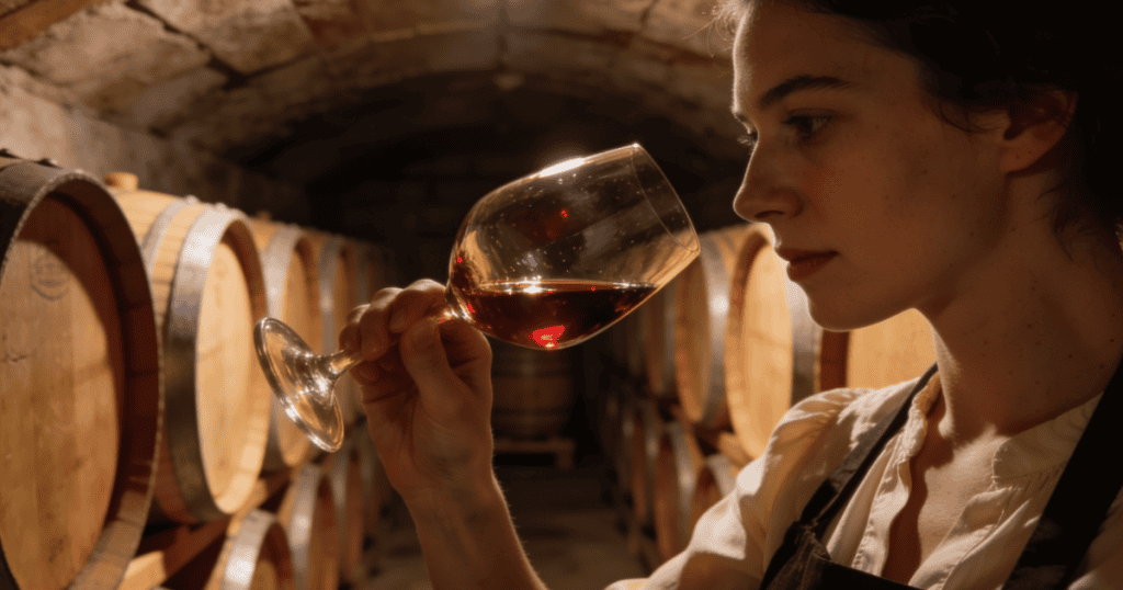 A woman holds up a glass of red wine to carefully examine its color inside a cellar lined with wooden barrels, capturing a sophisticated craft that can easily be used to signal elite status to others.