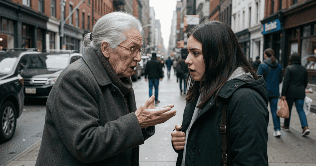 An older woman in a heavy coat gestures aggressively while lecturing a young woman on a city street, visually capturing the heavy psychological projection that left you convinced the damage was something you caused.