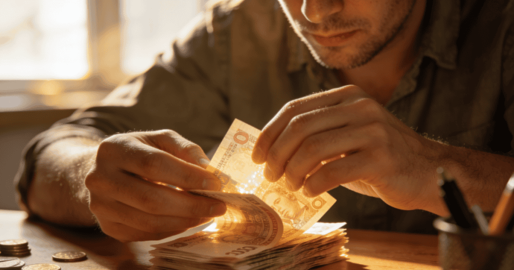 A close-up view shows a man’s hands meticulously counting through a thick stack of banknotes on a wooden table, capturing the quiet, calculated urgency behind the 4 financial tricks narcissists pull 48 hours before they disappear.