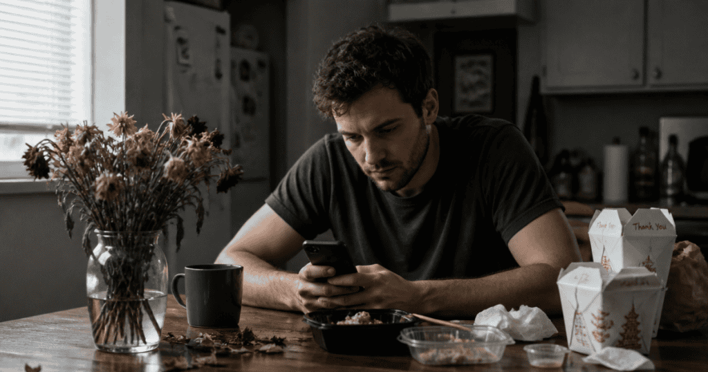 A man sits alone at a kitchen table staring intently at his smartphone next to takeout containers and a vase of dead flowers, visually capturing one of the 5 losses a narcissist never gets over.