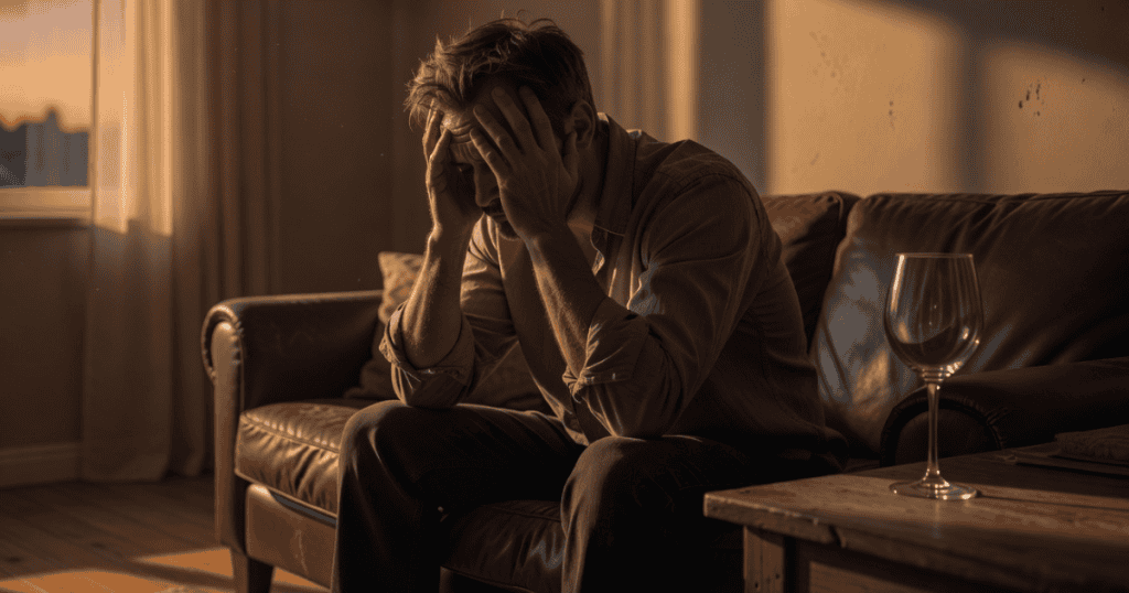 A distressed man sits on a brown leather couch with his head in his hands near an empty wine glass, conveying a heavy despair that marks one of the 5 things narcissists lose that they will never get over.