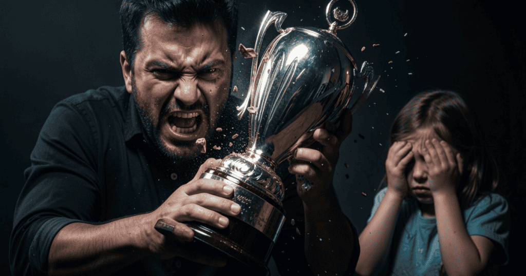 A furious man rages intensely while violently crushing a silver trophy in his hands, leaving a terrified young girl covering her face in the background as an extreme example of how an insecure adult lashes out against a child's success.