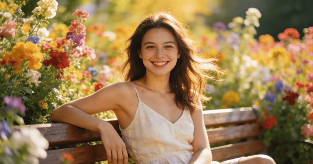 A smiling woman rests her arm along a wooden bench while surrounded by vibrant blooming flowers, capturing the quiet inner peace found at the moment you stop asking them to see you.
