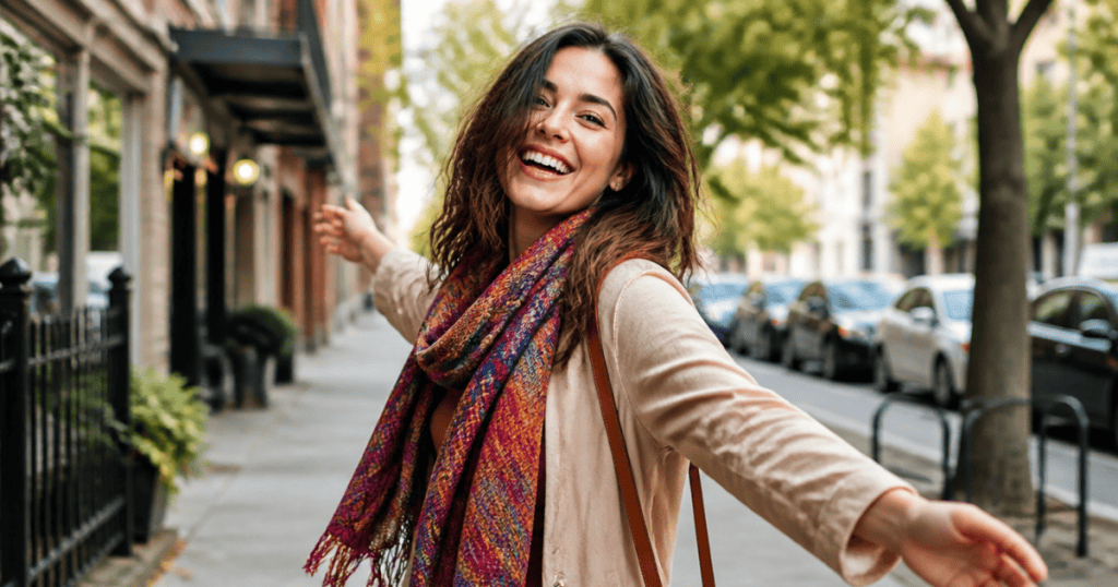 A woman with a colorful patterned scarf throws her arms open wide in celebration on a city sidewalk, embodying one of the 5 ways narcissists accidentally create the version of you they can no longer manipulate.