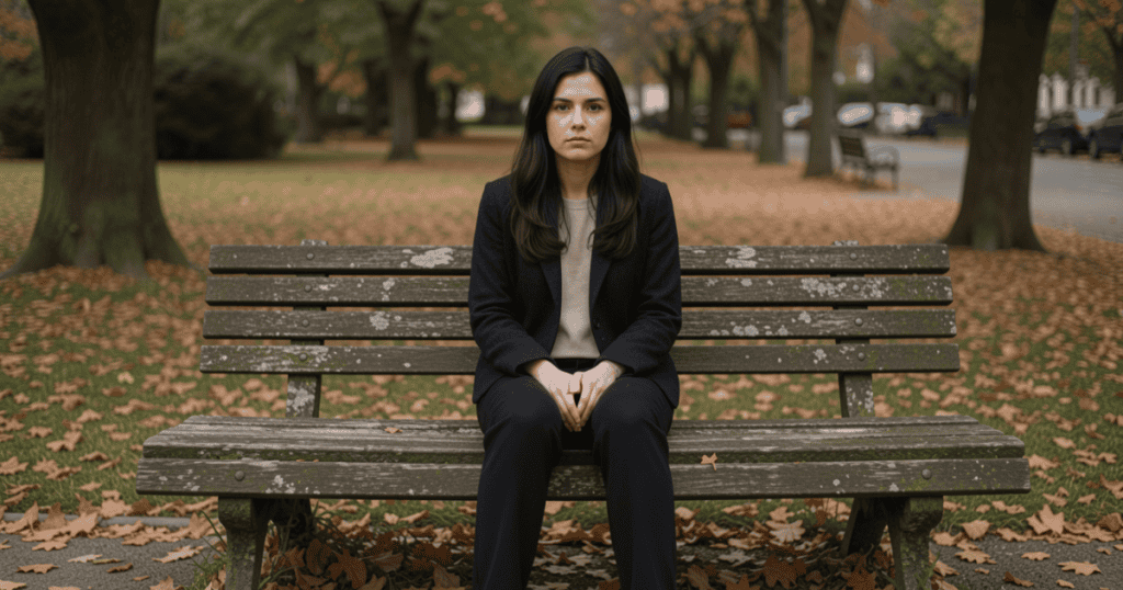 A woman sits completely alone on a park bench surrounded by fallen autumn leaves, portraying a stark sense of isolation that comes with managing the 6 steps to follow if you want to make it work with a narcissist.