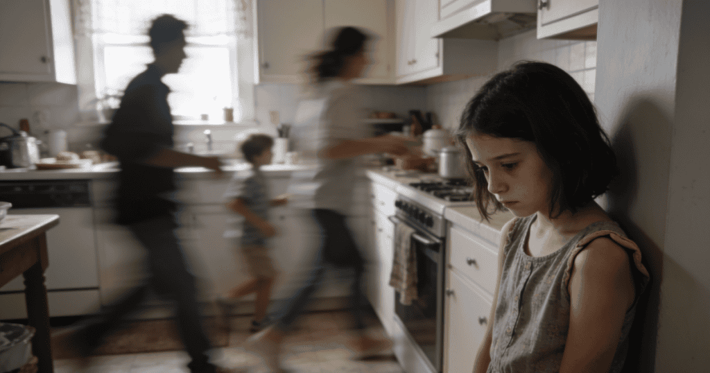 A young girl stands looking downcast against a kitchen wall while her family moves around her in a blur of motion, illustrating the loneliness that teaches a child that the only way to feel seen is to demand it.