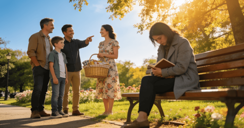 A woman sits isolated on a park bench reading a book while a happy family stands nearby, with one man pointing in her direction, capturing the painful scrutiny where you felt like you were failing everyone watching.