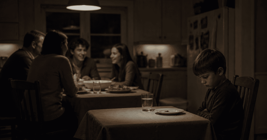 A young boy sits alone and excluded at a separate table while a family eats dinner together in the background, subtly highlighting how early limits were called selfish.