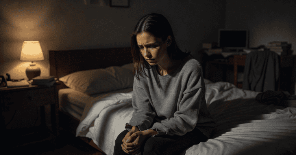 A distressed young woman sits alone on the edge of an unmade bed in a dimly lit room, embodying the isolating emotional weight and the 8 reasons you feel guilty leaving a narcissist even when it's the only right thing.