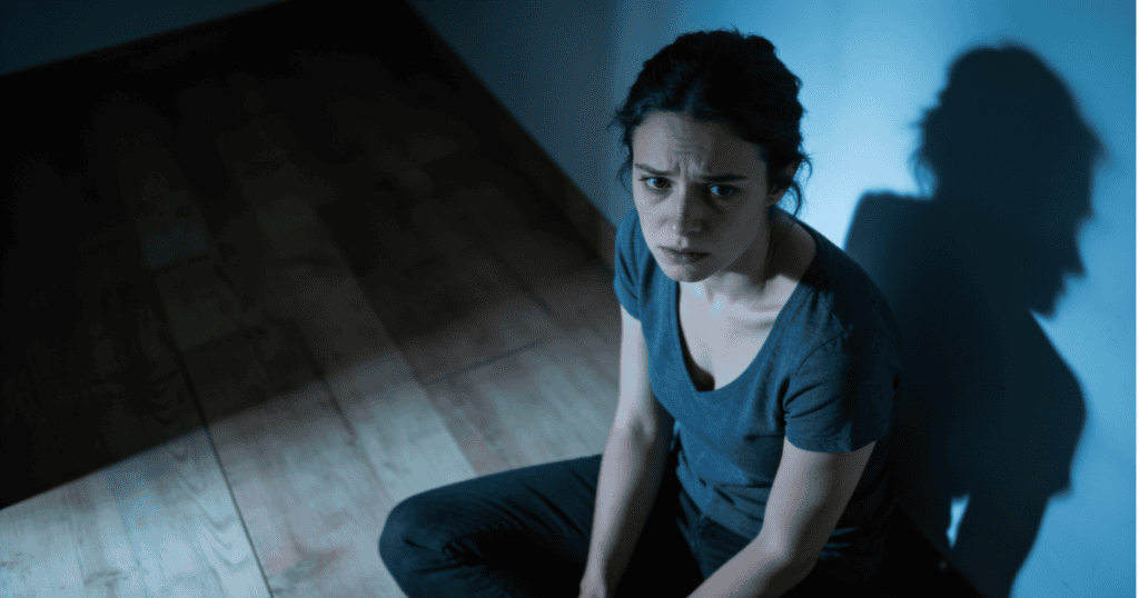 A vulnerable woman sits on a wooden floor, leaning her back against a wall as a stark shadow looms beside her, illustrating the underlying fear behind the 8 reasons you feel guilty leaving the person who hurt you the most.