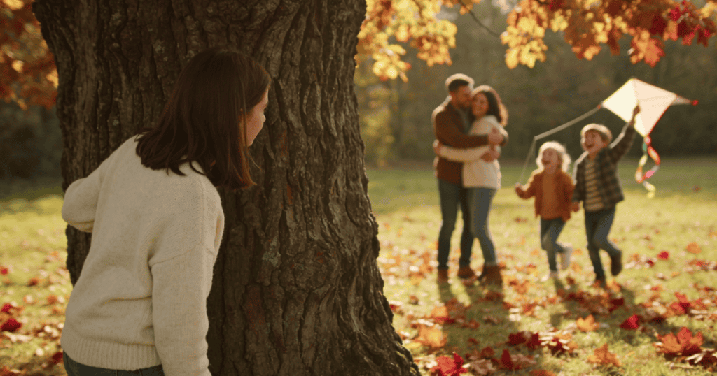 A young woman peeks out from behind a large tree trunk while watching another family play with a kite in an autumn park, capturing a painful detachment that makes it feel like cruelty and chaos are just how family works.