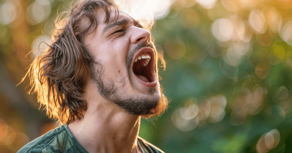 A man screaming in anguish outdoors, capturing the explosive rage and devastation a narcissist feels when they are outmaneuvered and defeated by someone who finally learned to see through their own tactics.