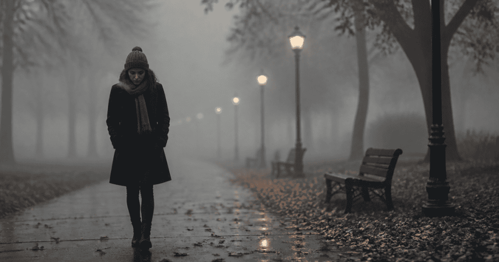 A solitary woman walks down a foggy, wet park pathway lined with glowing streetlamps, starkly emphasizing how isolation makes the target easier to control.