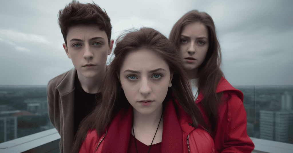 Three young people standing close together with tense, guarded expressions, illustrating how a narcissistic grandparent's favoritism teaches siblings to view each other as rivals rather than family.