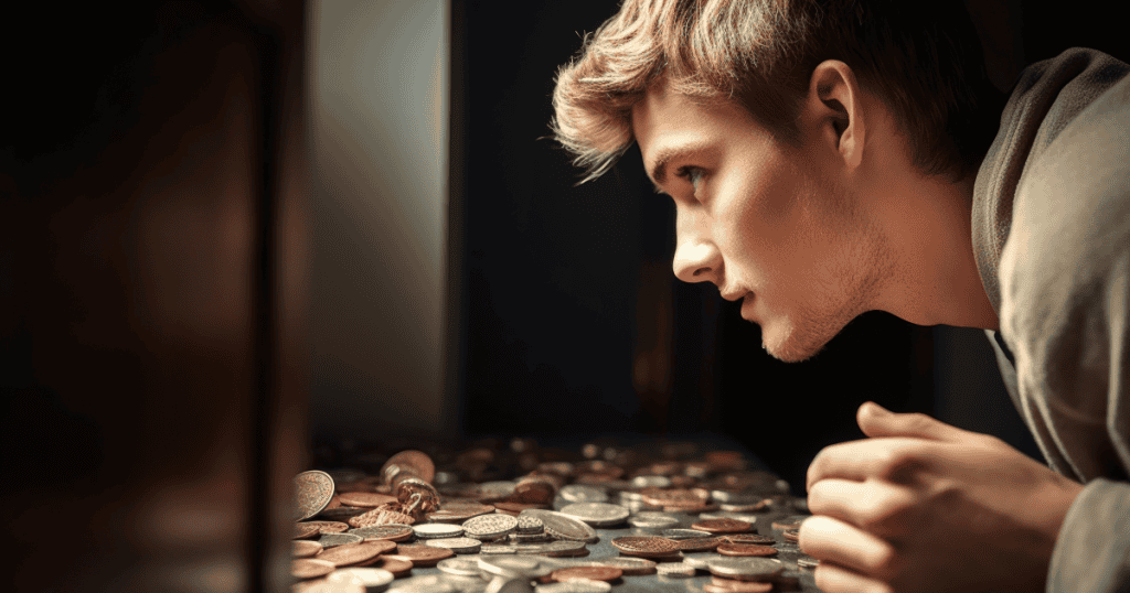 A man fixated on a scattered pile of coins, depicting how a narcissist obsessively gathers every spare cent in the house as part of a quiet plan to drain finances before leaving.