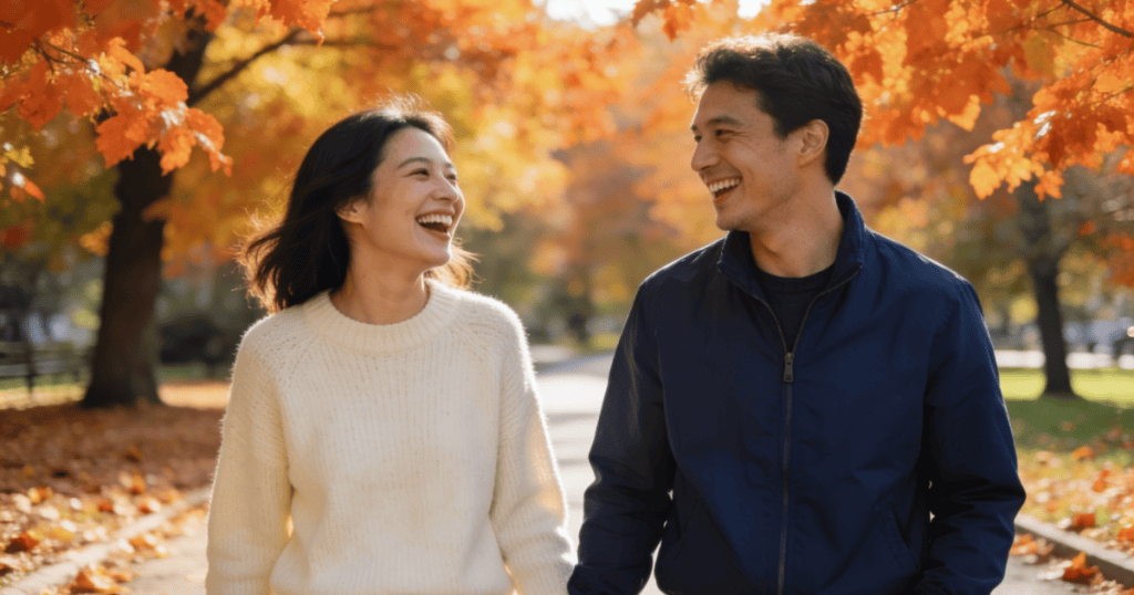 A young man and woman laugh joyfully while walking hand-in-hand down a path blanketed with bright autumn leaves, portraying a genuine moment of private happiness that is entirely fulfilling without anyone else watching.
