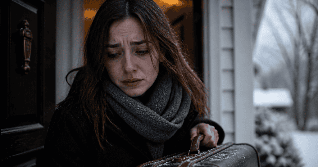A distressed young woman carrying a suitcase looks down sorrowfully as she steps away from a snow-covered house, embodying the heavy reality of leaving home while the guilt still comes with you.