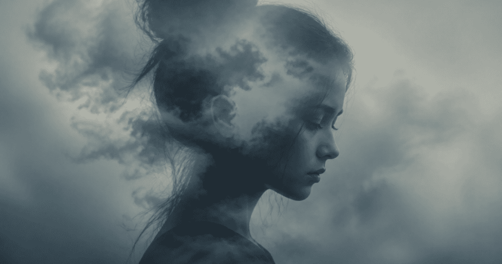 A side-profile portrait of a pensive young woman is superimposed with dark, heavy storm clouds swirling in her mind, visually illustrating the mental confusion of navigating the 8 stages of growing up with a narcissistic parent.